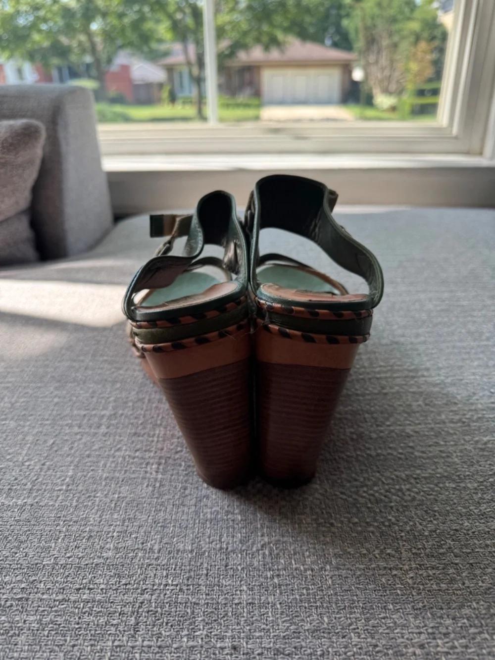 Clements Ribeiro Green Leather Wood Wedge Strappy Sandals Sz 10/EU 40